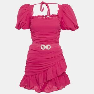 Mergim Pink Chiffon Ruche Detail Belted Mini Dress M